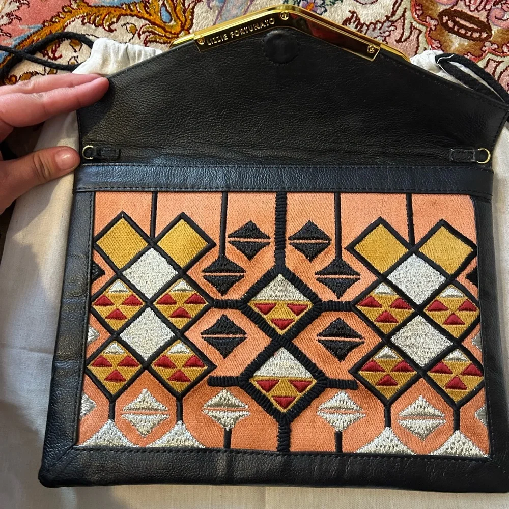 Lizzie Fortunato Leather and Embroidered Clutch with Gold Hardware - Picture 3 of 7